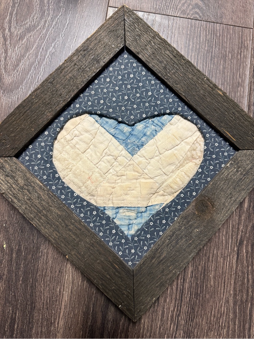 Framed Heart Textile Art in Blue and Cream